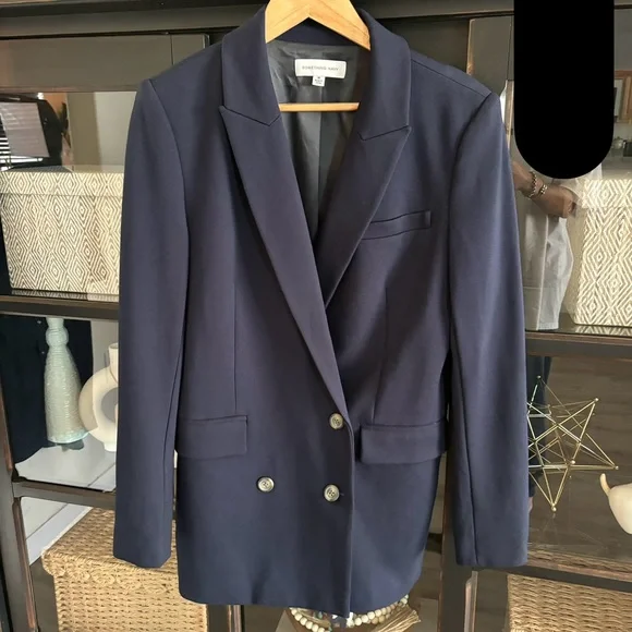 Something Navy Danielle Blazer Jacket Double Breasted Suit Coat Ponte Blue M - Picture 9 of 15
